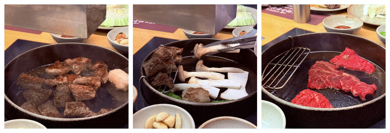 Three stages of Daedo sirloin grilling - raw on hot pan, mid-cook with mushrooms and staff hand, fresh second-round slices
