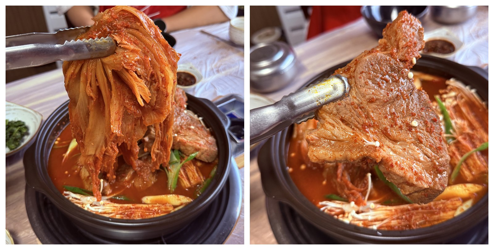 Two action shots at Eondeokwie Jangdokdae - tongs lifting a fan of long aged-kimchi leaves out of the bubbling red kimchi-jjim broth on the left, and tongs lifting the cooked pork shoulder out of the same pot on the right