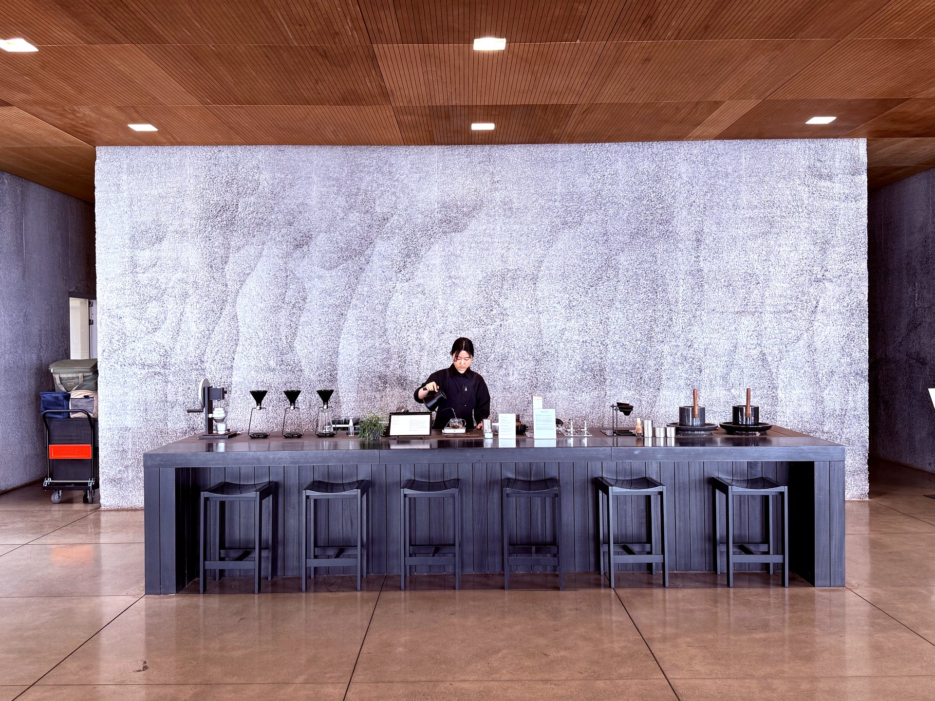 Dedicated pour-over bar with concrete texture wall