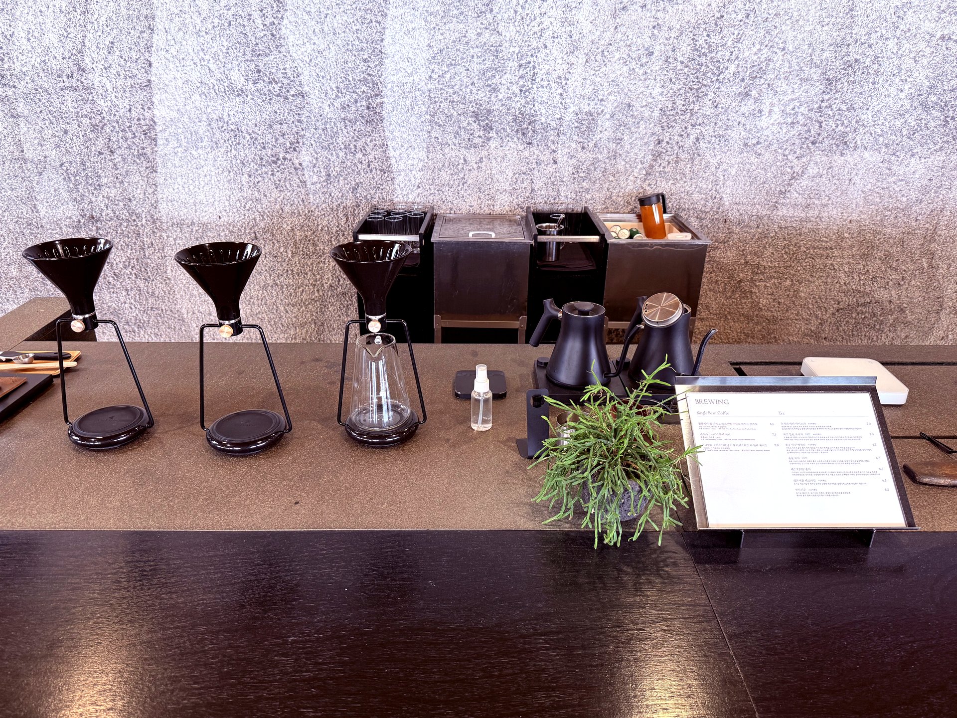 Pour-over stations with kettles and brewing gear