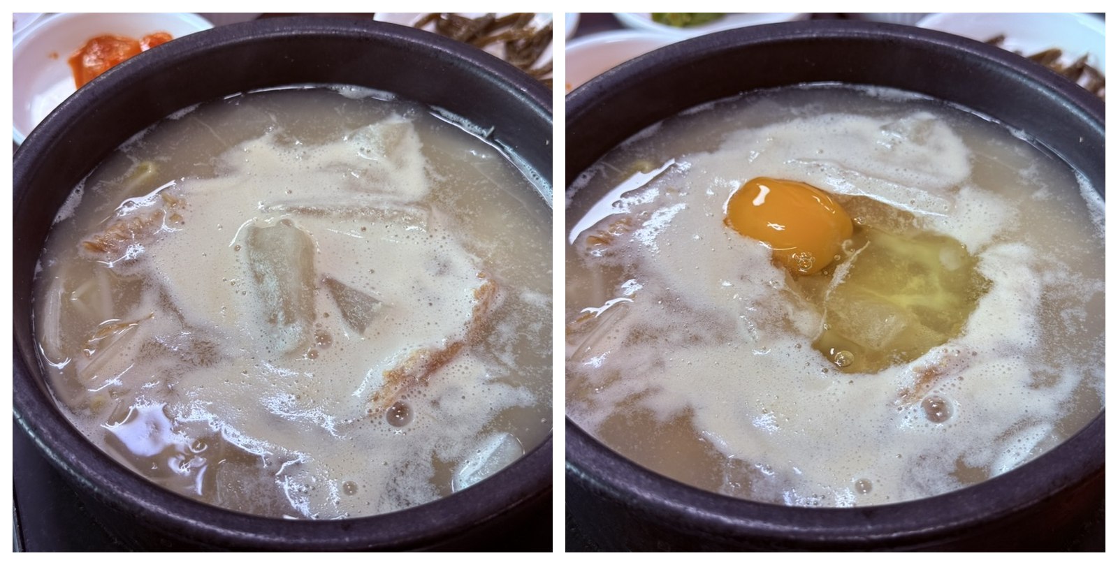 Two angles of Kkamu House pollock soup - plain milky broth on the left, egg cracked into the bubbling soup on the right showing the customization step