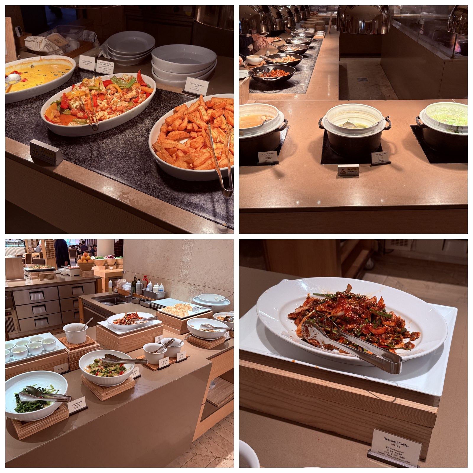 Korean banchan stations - greens, kimchi rotation, three soup tureens, spicy seasoned octopus