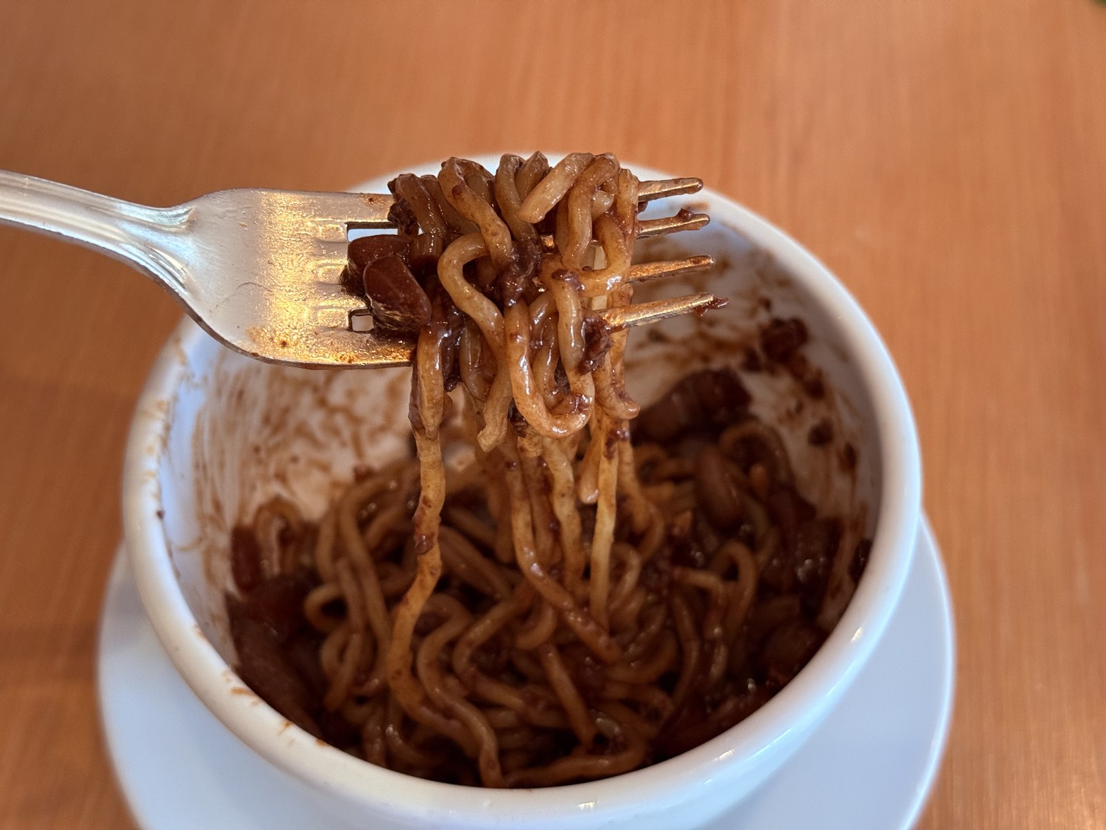 Jjajangmyeon (짜장면) - fork lift of fresh hand-pulled noodles in glossy black-bean sauce, Park View Jeju Shilla