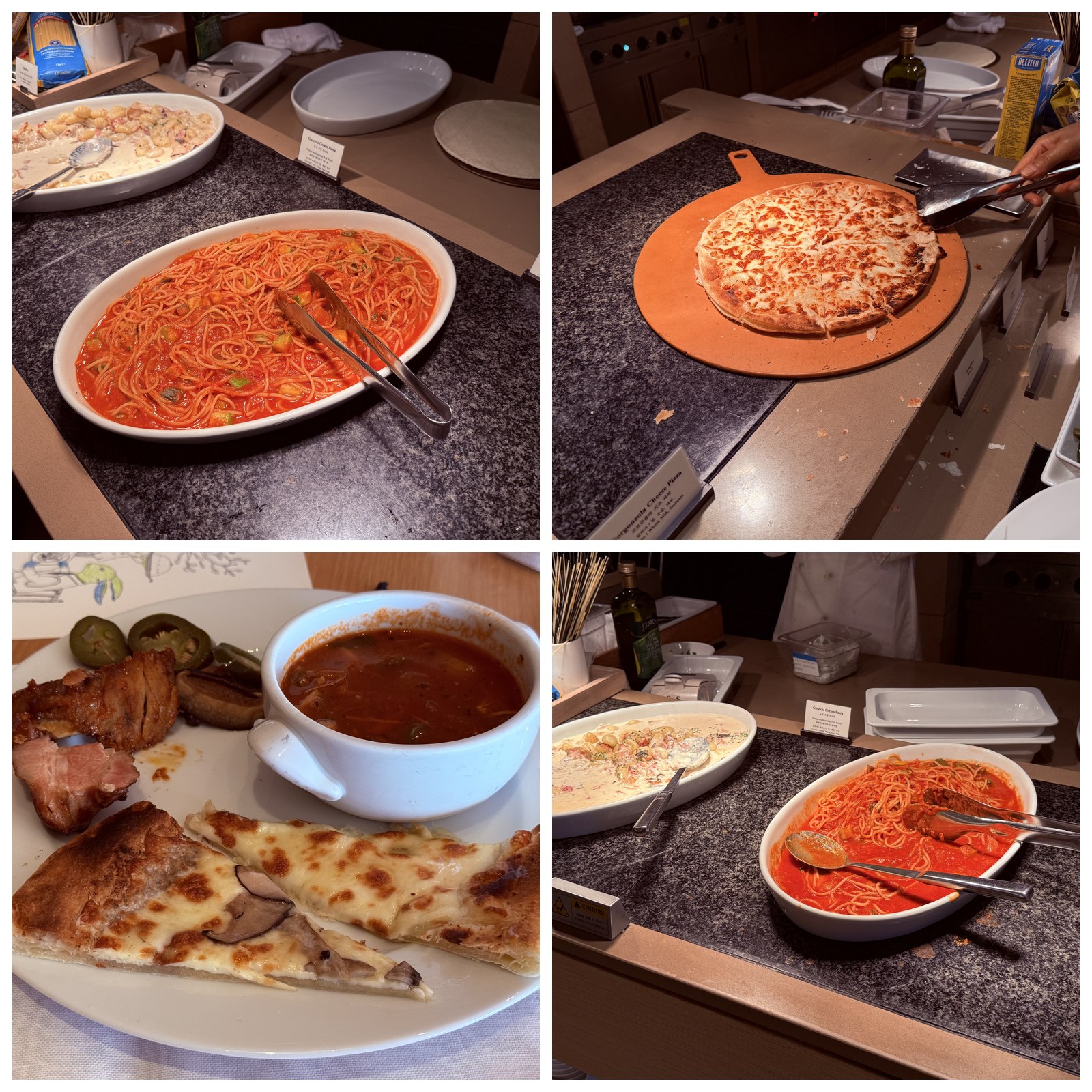 Italian station four-up - cream pasta and tomato spaghetti, margherita pizza, plated pizza with soup