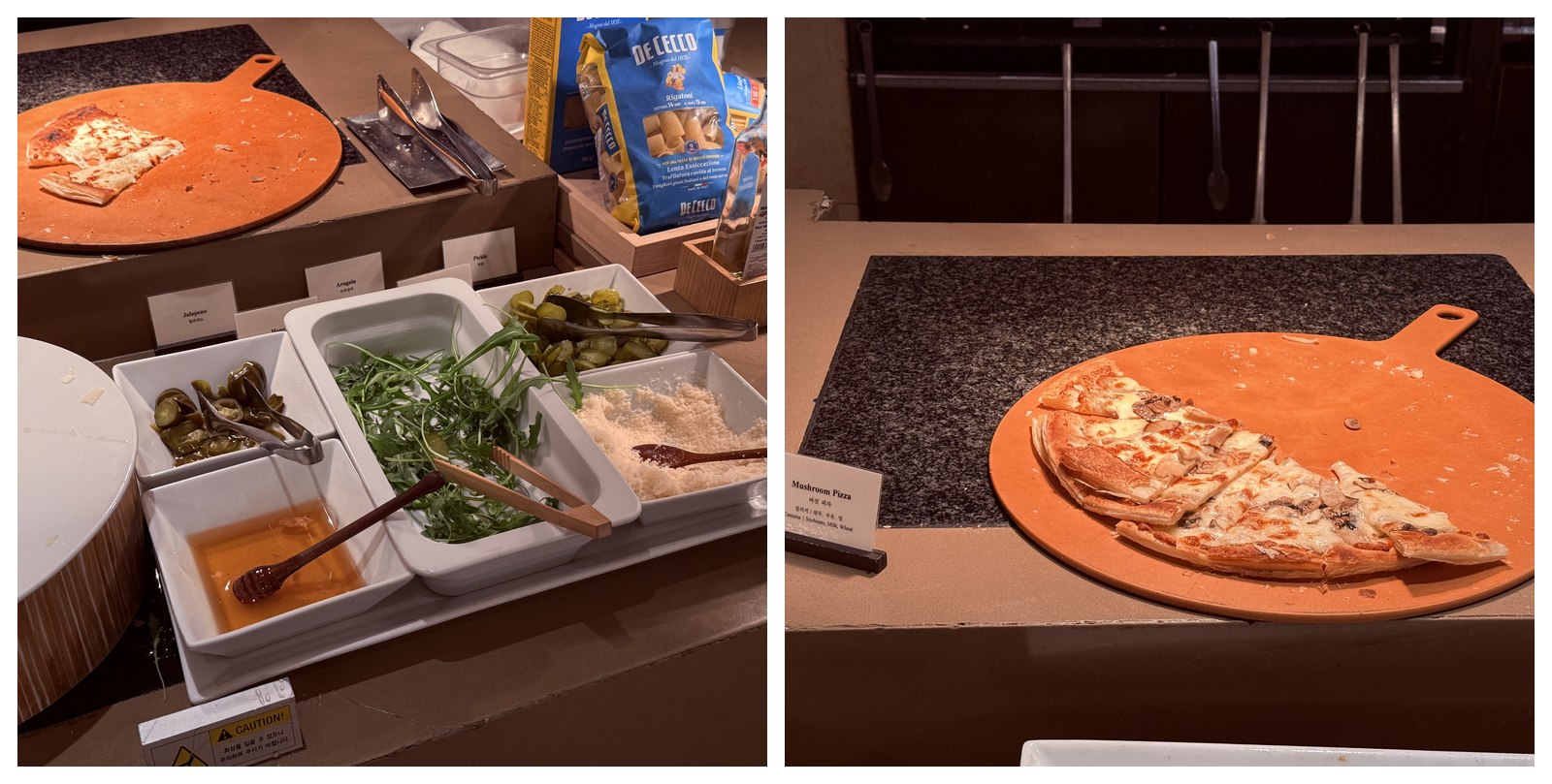 Pizza station close-up - margherita on stone, mushroom pizza slices ready