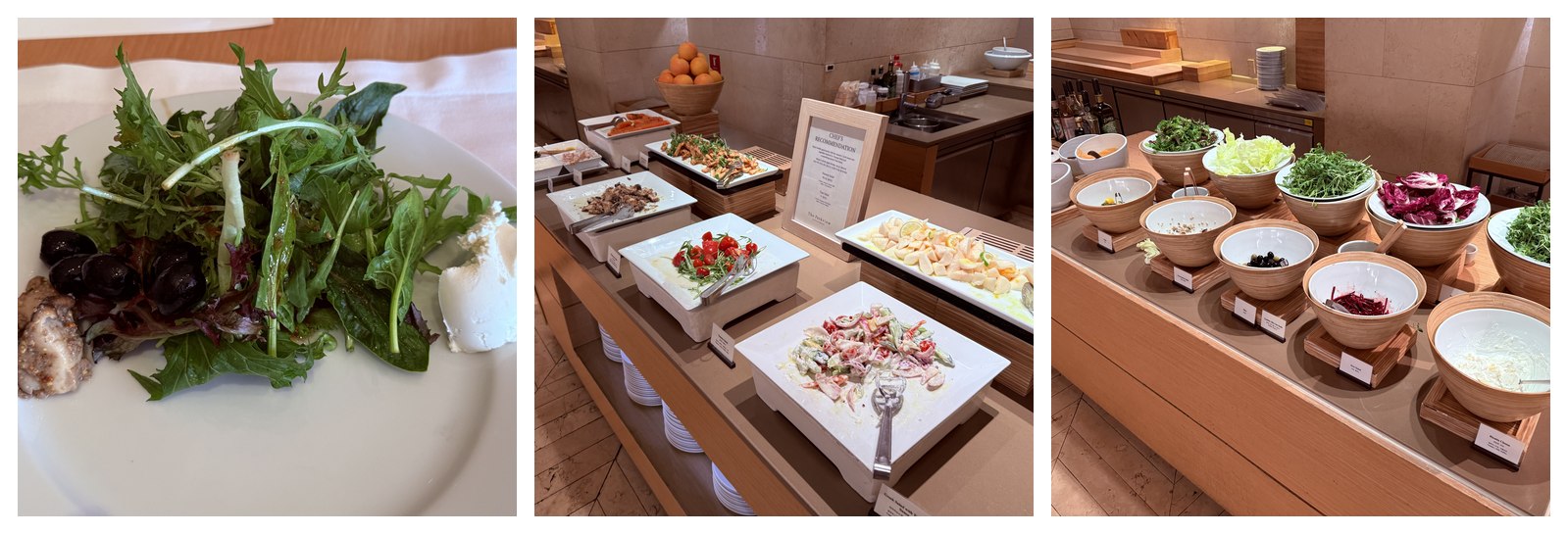 Salad bar - chef-plated salad with mizuna, salad bar plates, large wooden bowls of greens