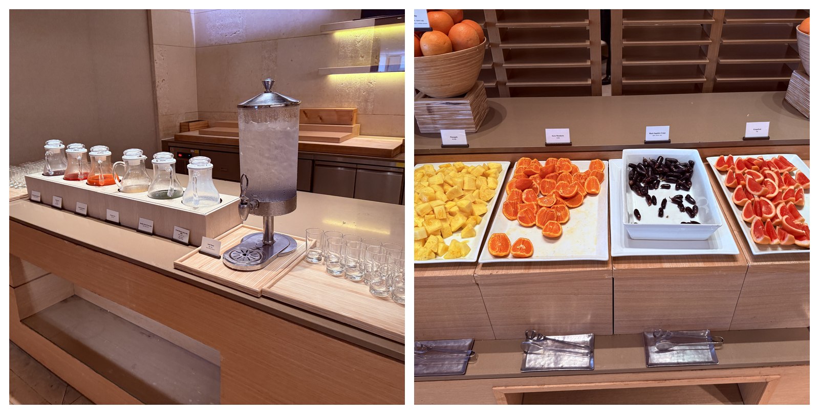 Drink station glass carafes and fruit platter - pineapple, citrus, prunes, grapefruit