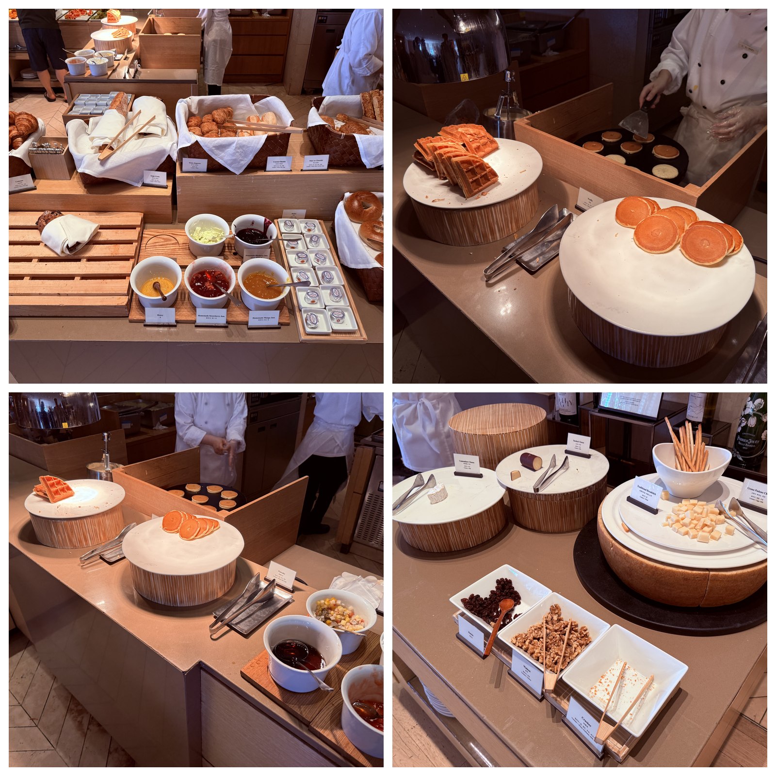 Dessert station four-up - bread bins, chef making waffles and pancakes, dessert condiment bar, biscotti tray
