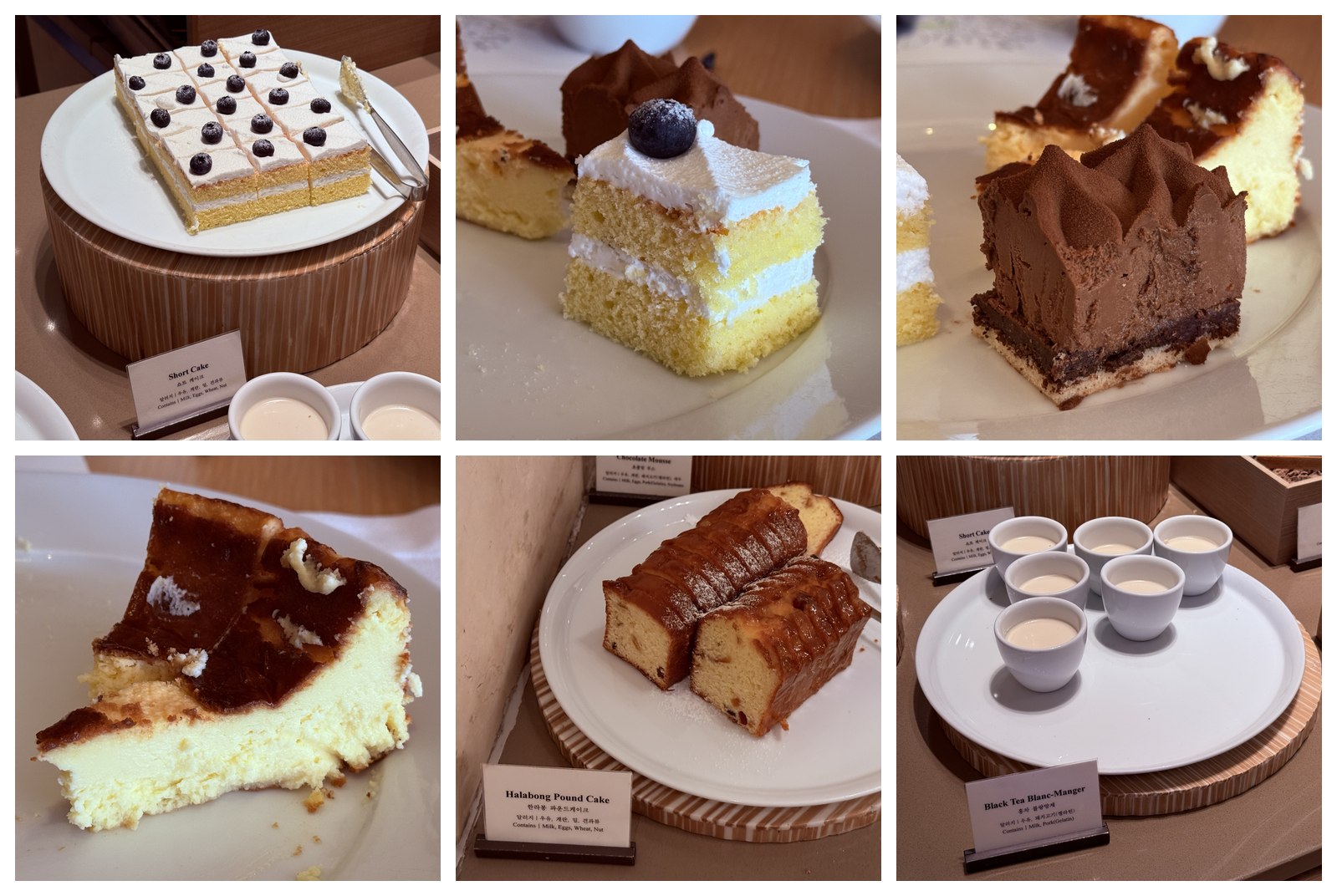 Six dessert close-ups - blueberry short cake, chocolate mousse, Basque cheesecake, Halabong pound cake, panna cotta cups