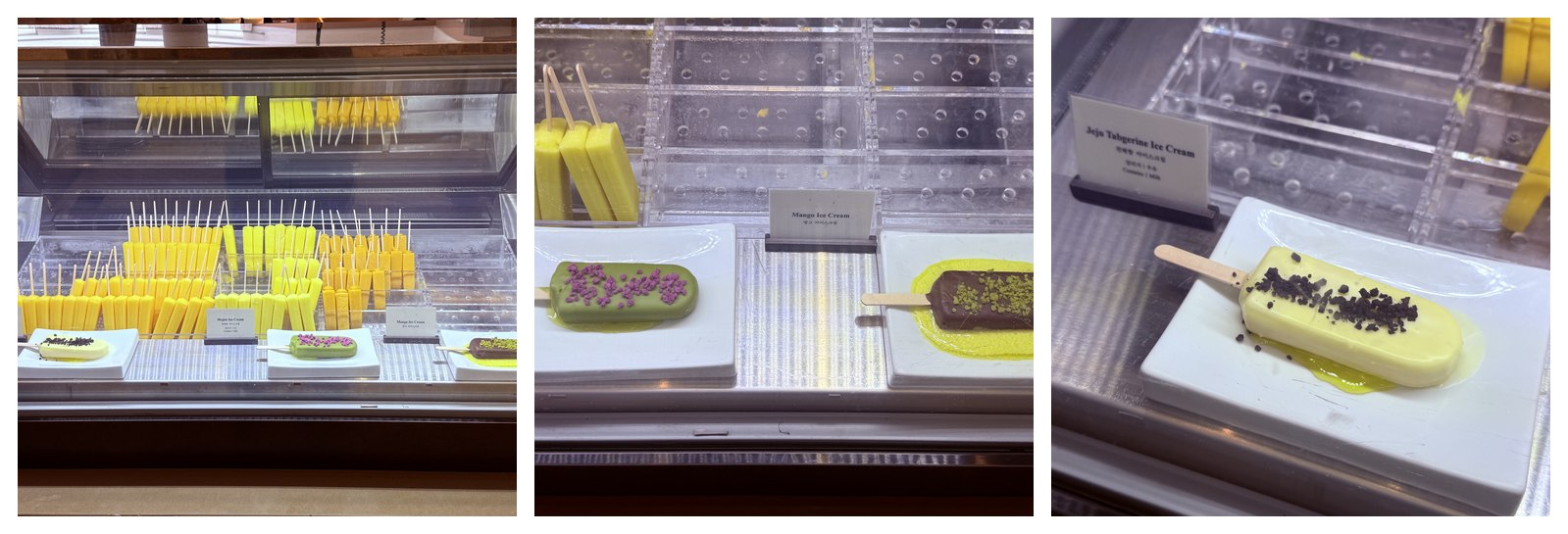 Ice cream display - mango popsicle case, mango and chocolate popsicles on tray, Jeju tangerine popsicle