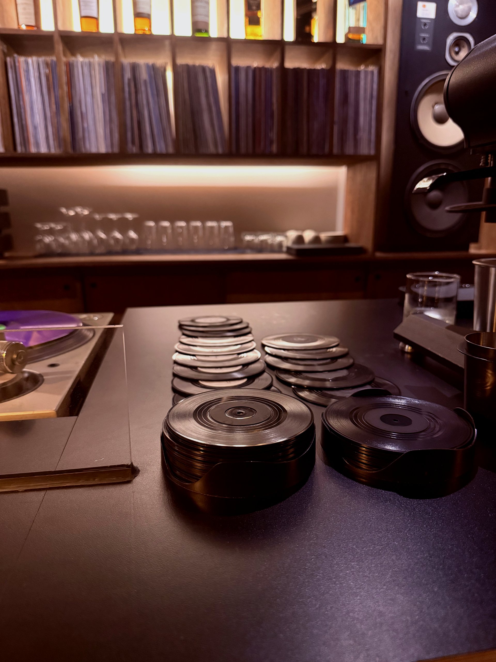 Rows of analog records in the bar's LP collection