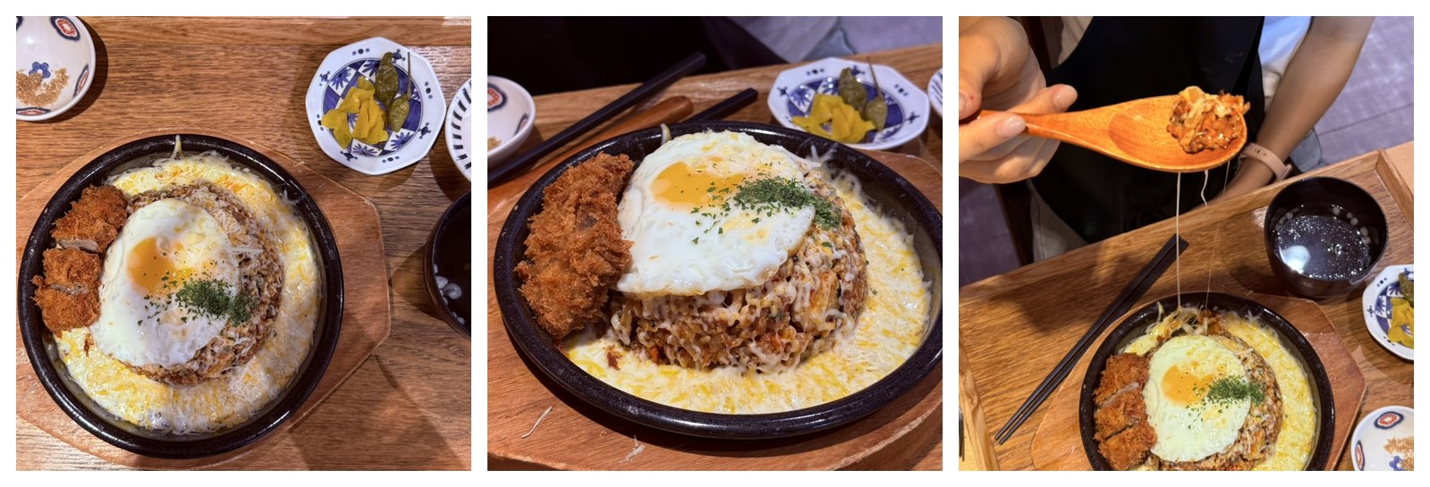 Three angles of the kimchi cheese fried rice with donkatsu - top-down view of full setting with side dishes, side angle showing the cheese-rimmed bowl, and action shot with wooden spoon lifting the cheese pull