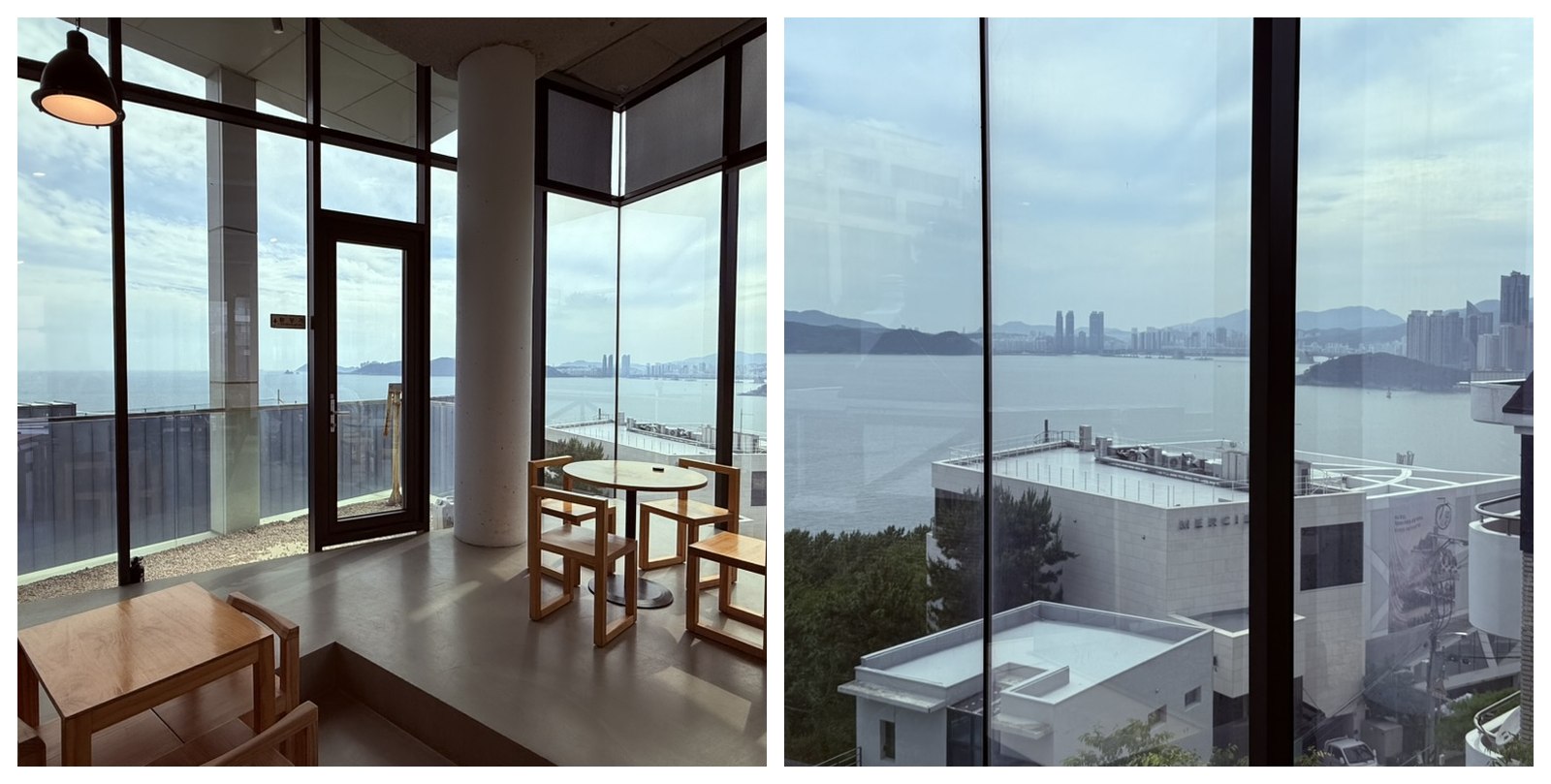 Two angles of the Dalmaji-gil ocean view from Derban Berlin Busan - interior corner with wooden chair-and-table window seats facing the floor-to-ceiling glass with Haeundae visible, and a closer view through the window showing Haeundae beach, the East Sea, Busan skyline, and Marina City towers in the distance