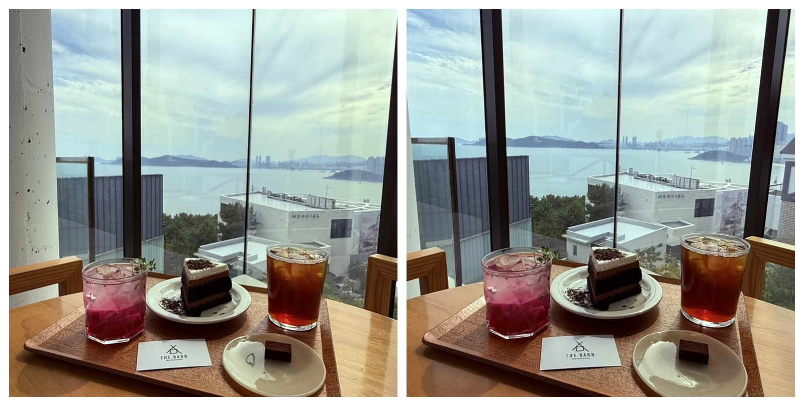 Two angles of the Derban Berlin Busan signature tray - wooden tray with the seasonal pink ade, a Choco Fudge cake slice, the iced Brazil Daterra coffee, and a small chocolate truffle, with a THE BARN business card laid between them, photographed against the Haeundae ocean view through the floor-to-ceiling window