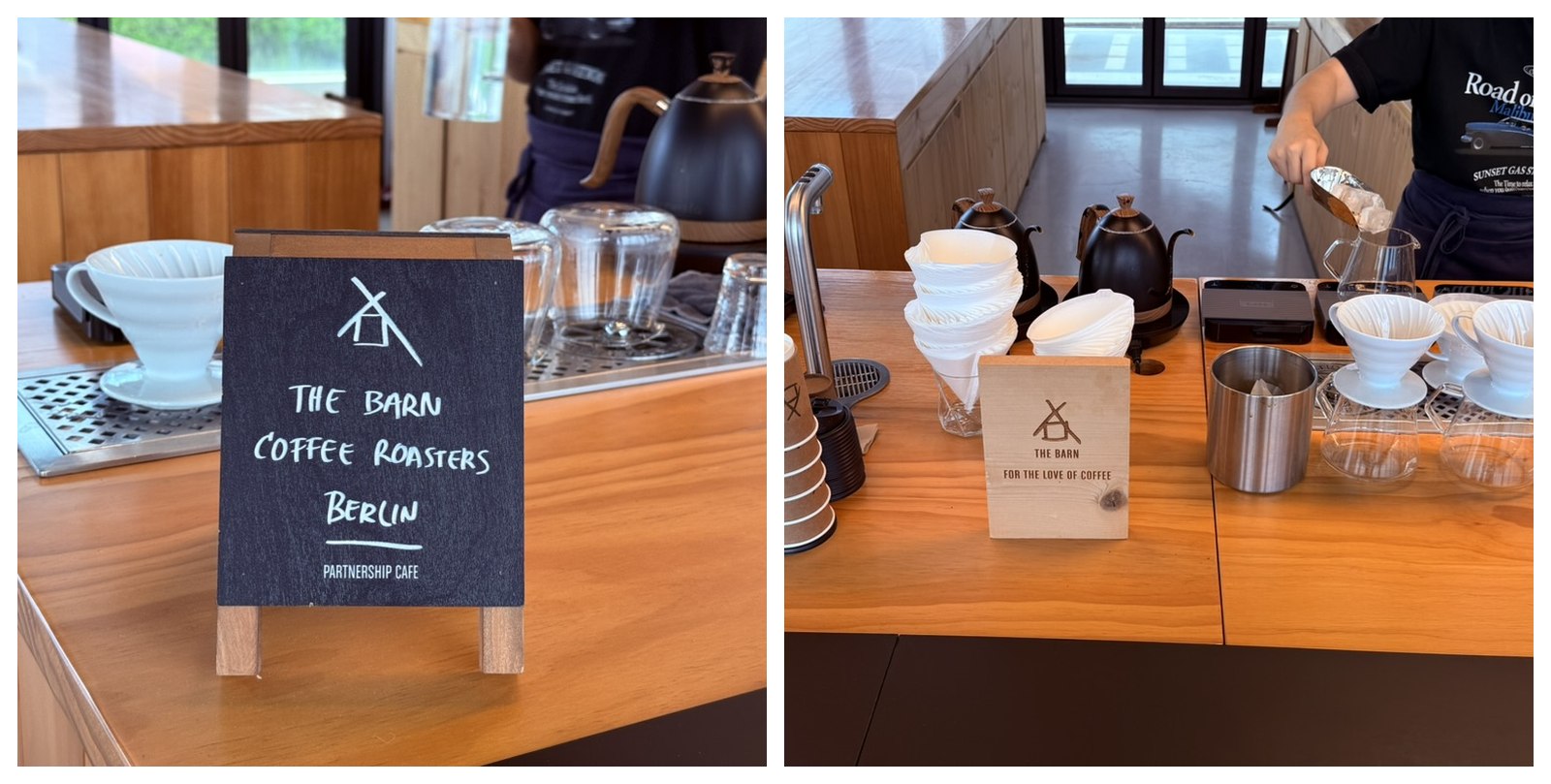 Two angles of the drip-coffee setup at Derban Berlin Busan - a wooden THE BARN COFFEE ROASTERS BERLIN PARTNERSHIP CAFE sign beside a white Hario V60 dripper on the bar, and the full brewing station with multiple V60 drippers, gooseneck kettles, glass servers, paper filter stacks, and a barista weighing beans