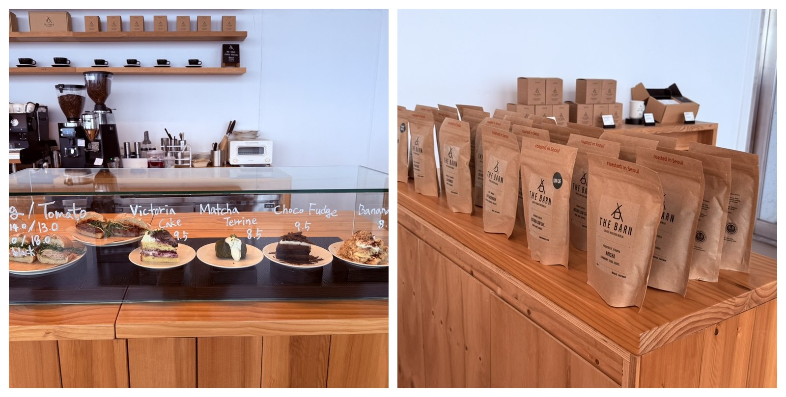 Two retail counters at Derban Berlin Busan - the glass-fronted pastry display case showing slices of Choco Fudge, Victoria Cake, Matcha Terrine, Banana Pudding and Jambon-Tomato sandwiches with hand-written prices, and the THE BARN coffee-bag display with rows of kraft-paper bags labeled Brazil Daterra Low-Caf, Ethiopia Aricha and other single origins on a wooden shelf