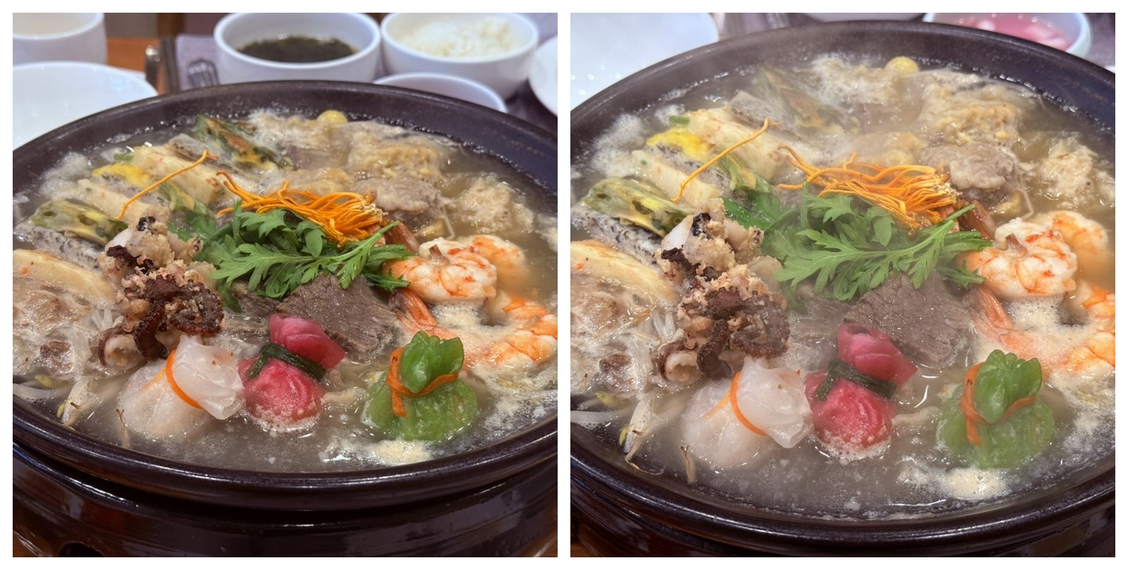 Two angles of Naedang's signature Hanwoo hot pot - a black ceramic pot bubbling with hanwoo brisket and tendon, shrimp, octopus, colorful tteok rice cakes in red green and white, chrysanthemum garnish, in a clear royal-court broth