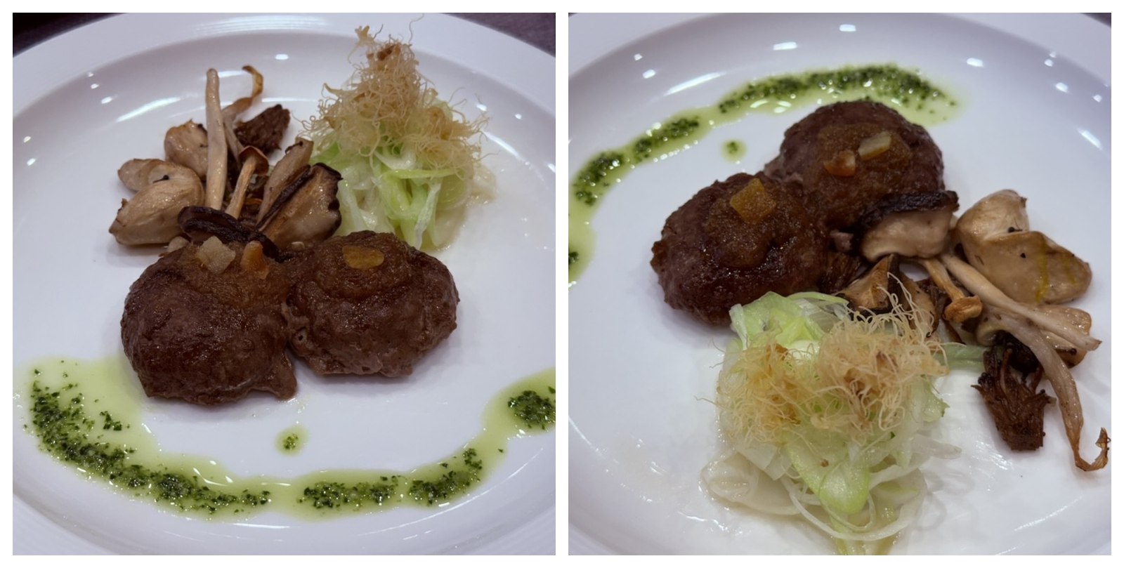 Two angles of Naedang's hanwoo tteokgalbi course - two glossy round Korean beef patties on a white plate with assorted grilled mushrooms (king oyster, shiitake), shaved daikon salad topped with crispy fried leek garnish, and a swoosh of green herb oil