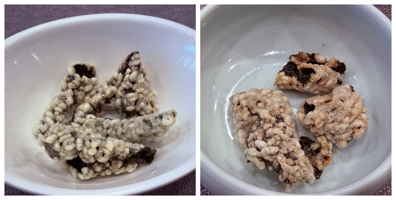 Two angles of Naedang's gim-bugak crispy seaweed snack - rough irregular nuggets of black seaweed coated in pale puffed glutinous rice and deep-fried until crackling, in small white oval dishes