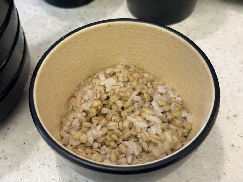 Bowl of warm Korean 보리밥 (boribap, barley rice) at Ongsimi Seoul Station - small dark blue-rimmed ceramic bowl filled with mixed barley and white rice grains, beautifully steamed, viewed from above on a beige speckled table