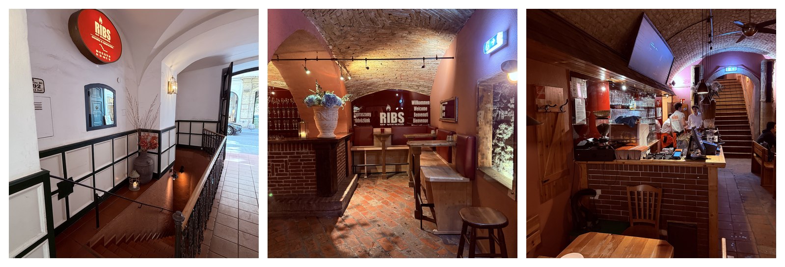 Three angles of the Ribs of Vienna brick-vaulted cellar interior - the white-painted entrance foyer with a red oval RIBS sign on the wall, the main dining room with exposed-brick arched ceiling and wooden tables under warm pendant lights with a black RIBS OF VIENNA sign, and a long dining passage with seated diners eating beneath the brick vaults