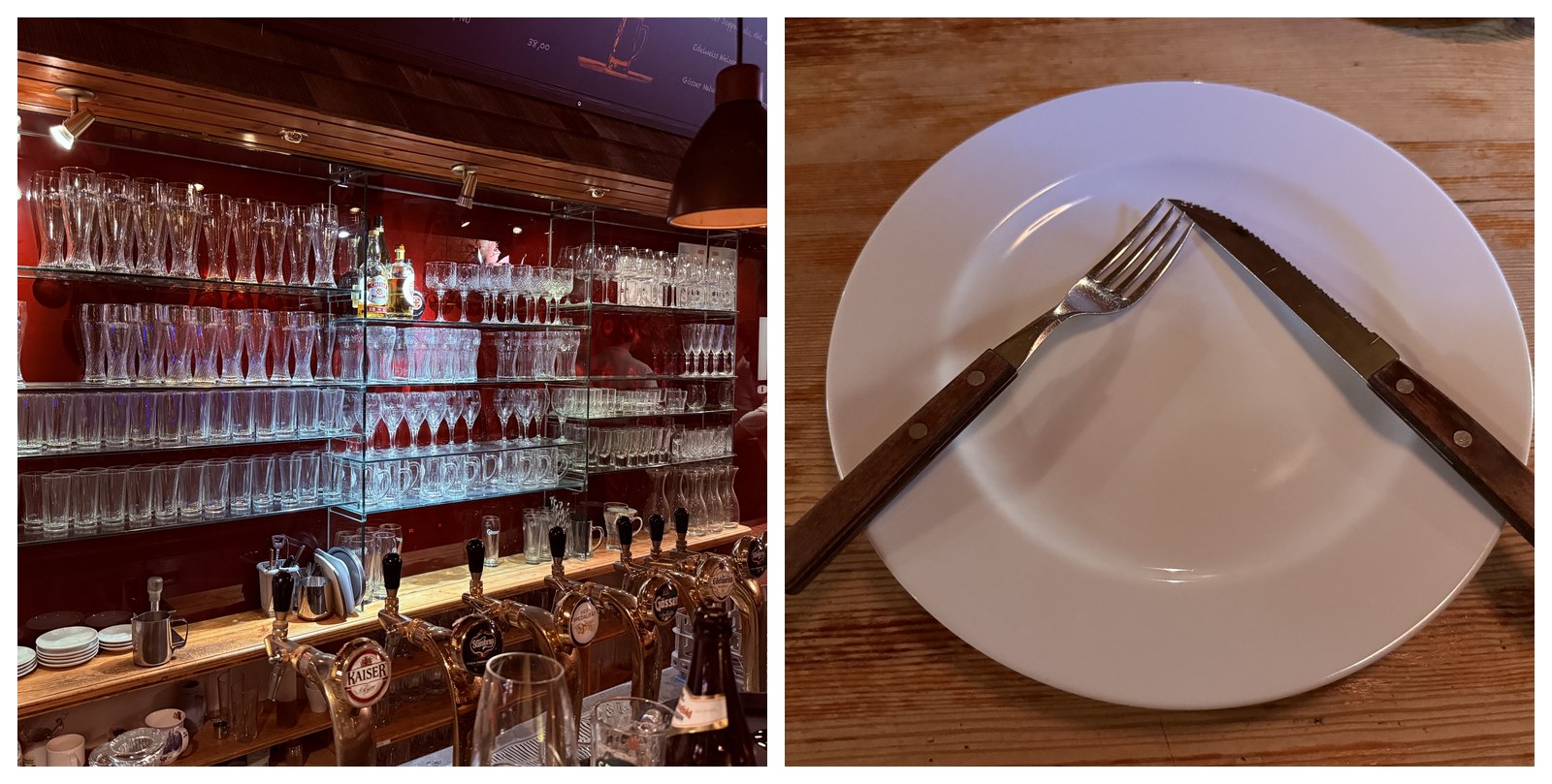 Bar and table setting at Ribs of Vienna - bar area with rows of clean glasses on backlit glass shelves and beer taps with wooden handles and a RIBS OF VIENNA flame logo on the wall, and a close-up of an empty white plate with a wooden-handled steak knife and fork crossed on top, on a worn wooden table