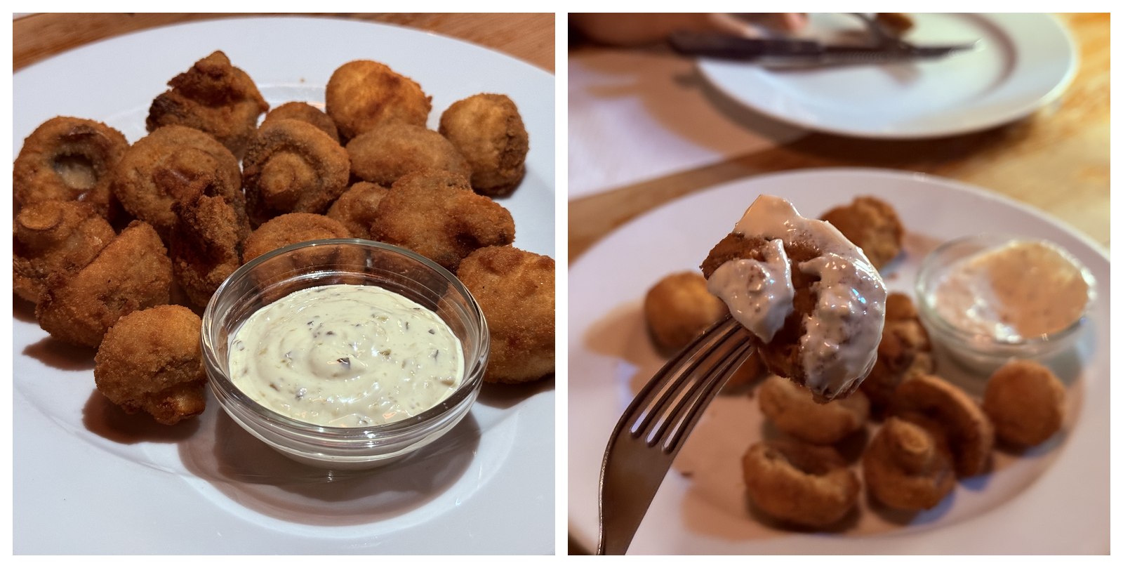 Two angles of fried mushroom appetizer at Ribs of Vienna - full plate of golden-brown breaded whole button mushrooms with a glass dish of creamy herb dip in the center, and an action shot of a fork lifting one mushroom dressed with a generous dollop of the cream dip with the rest of the plate visible below