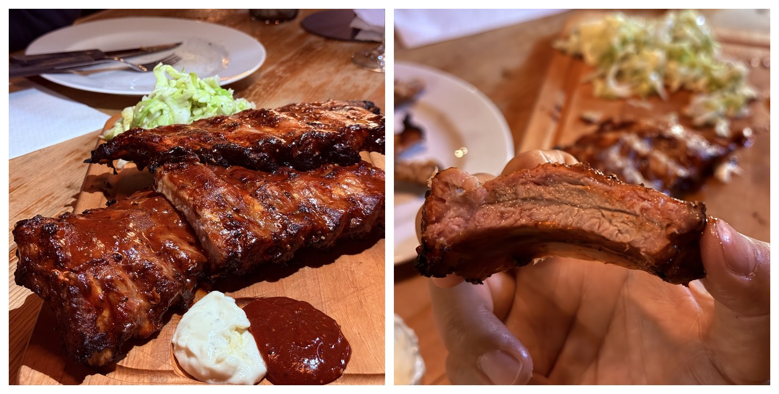 Two close angles of Ribs of Vienna spare ribs - a tighter angle of the full rack glazed mahogany with coleslaw and two dips on a wooden board, and a hand holding a single rib bone showing the cross-section with tender pink slow-cooked pork interior and crackling glazed exterior
