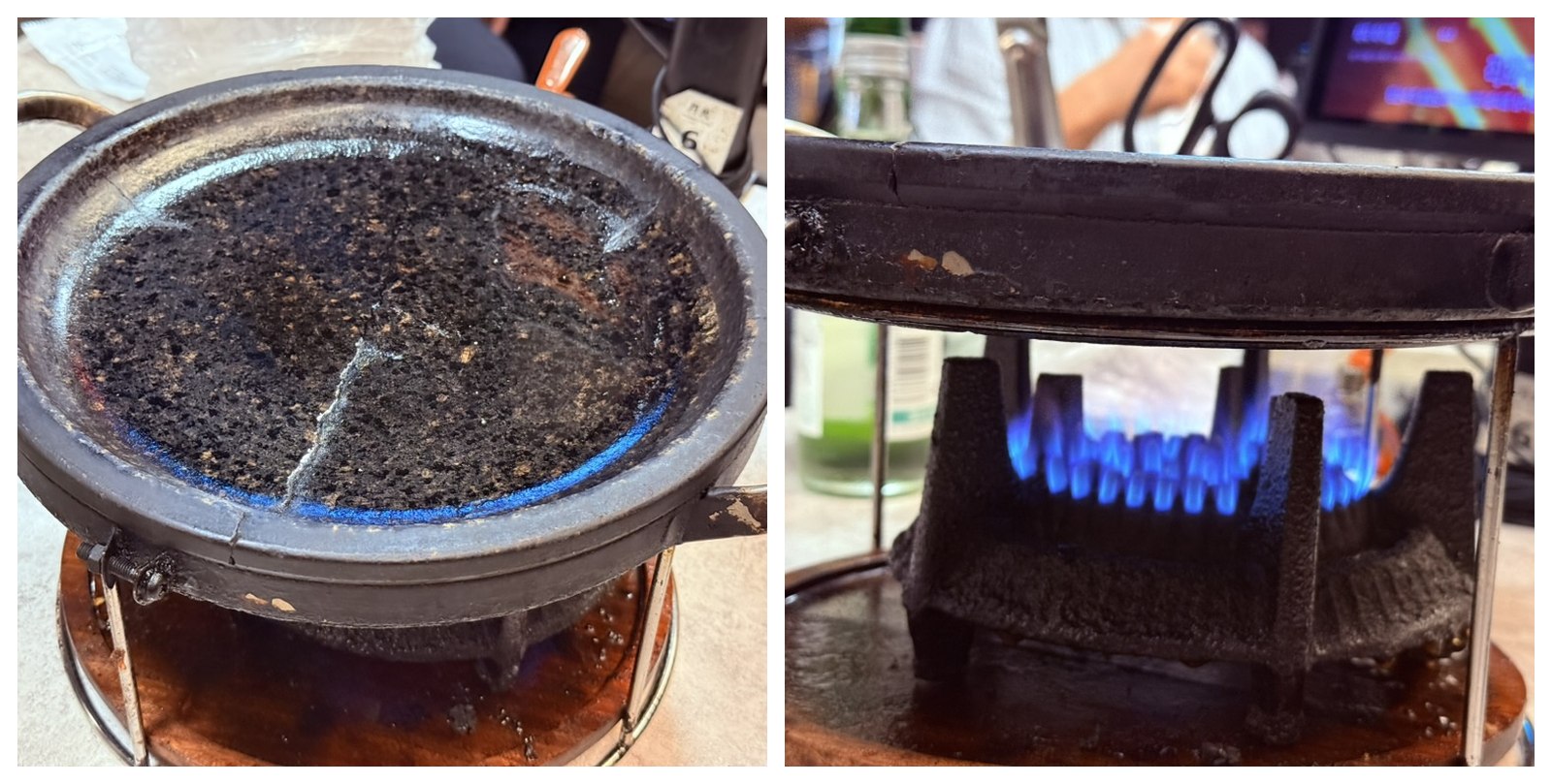 Wolhwa Galbi grill setup detail - top-down view of the heavy black stone grill bowl (used and scarred), and a side view showing the strong blue gas flame burner underneath the grill stand