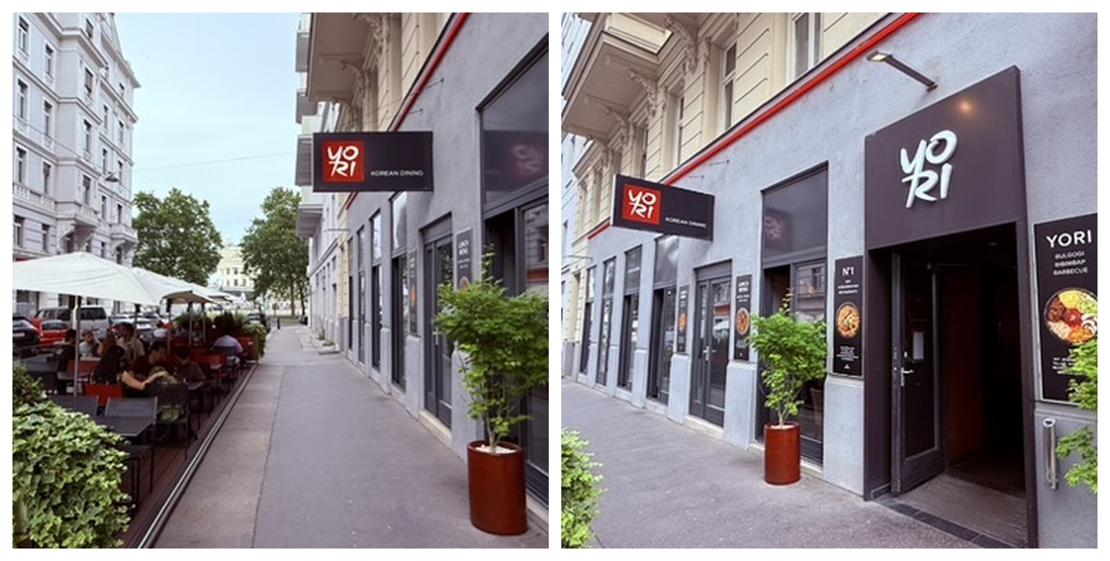 Two angles of YORI Vienna exterior - wide street view showing white umbrellas over outdoor terrace seating with diners, classic Habsburg-era Vienna architecture in background, and close-up of the dark grey YORI signage with KOREAN DINING text and N°1 Korean restaurant promotional poster