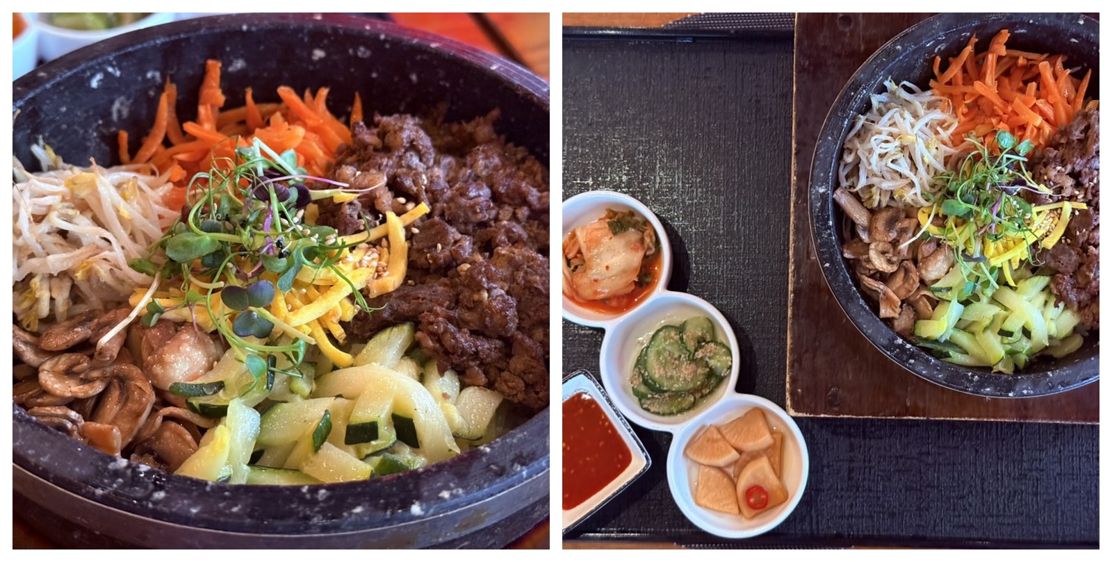 Two angles of YORI Vienna bulgogi dolsot bibimbap - close-up of the stone bowl with sections of sautéed shredded carrots, bean sprouts, mushrooms, zucchini, marinated bulgogi beef, microgreens and sesame on top, and a top-down view showing the same bowl alongside a 3-bowl banchan tray and gochujang sauce
