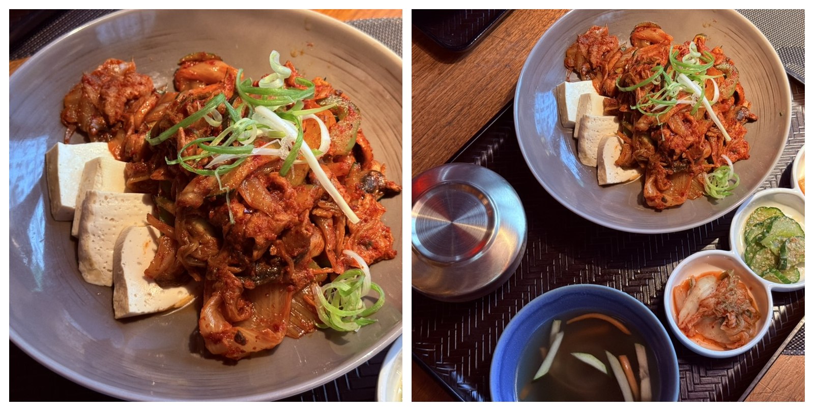 Two angles of YORI Vienna dubu-kimchi - close-up of stir-fried kimchi with pork belly piled beside thick slices of plain steamed tofu in a grey ceramic bowl, with scallion garnish, and a wider shot showing the full setting with banchan and clear soup beside the bowl