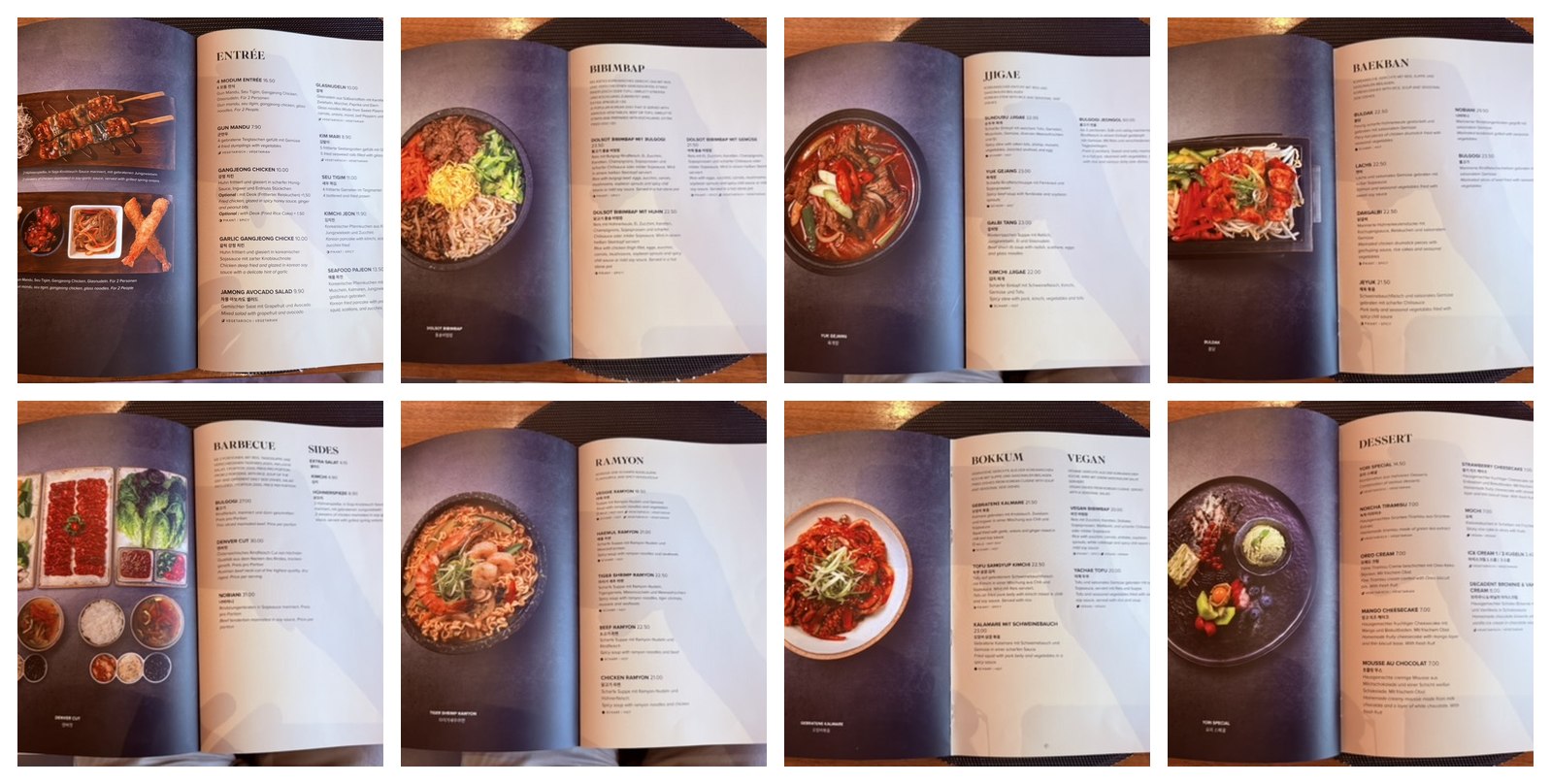 Eight pages of YORI Vienna's menu book - bilingual Korean German English with photos of every dish, organized into Entrée, Bibimbap, Jjigae, Baekban set meals, Barbecue, Ramyon, Bokkum stir-fry and vegan options, and Dessert