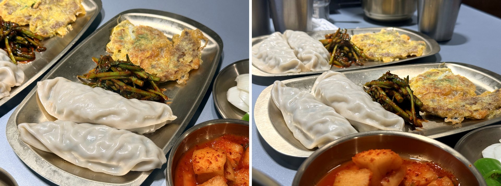 The jeongsik set spread at Gwanghwamun Gukbap Shinsegae Myeongdong - two steel trays each holding plump white Ibuk-style dumplings, golden egg-battered beef yukjeon pancakes, and a small mound of spicy seasoned water-parsley, with a bowl of red cubed radish kimchi in the foreground