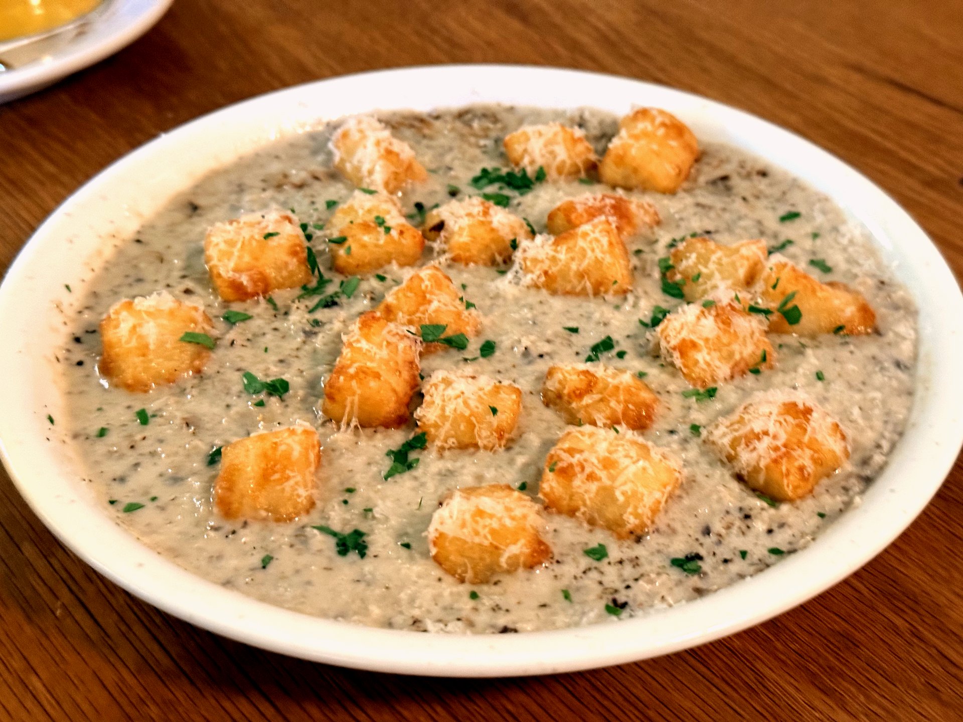 Truffle potato gnocchi at Komvaak - a white plate of crisp golden pan-fried gnocchi dumplings sitting in a thick, speckled mushroom cream sauce dusted with grated parmesan and parsley