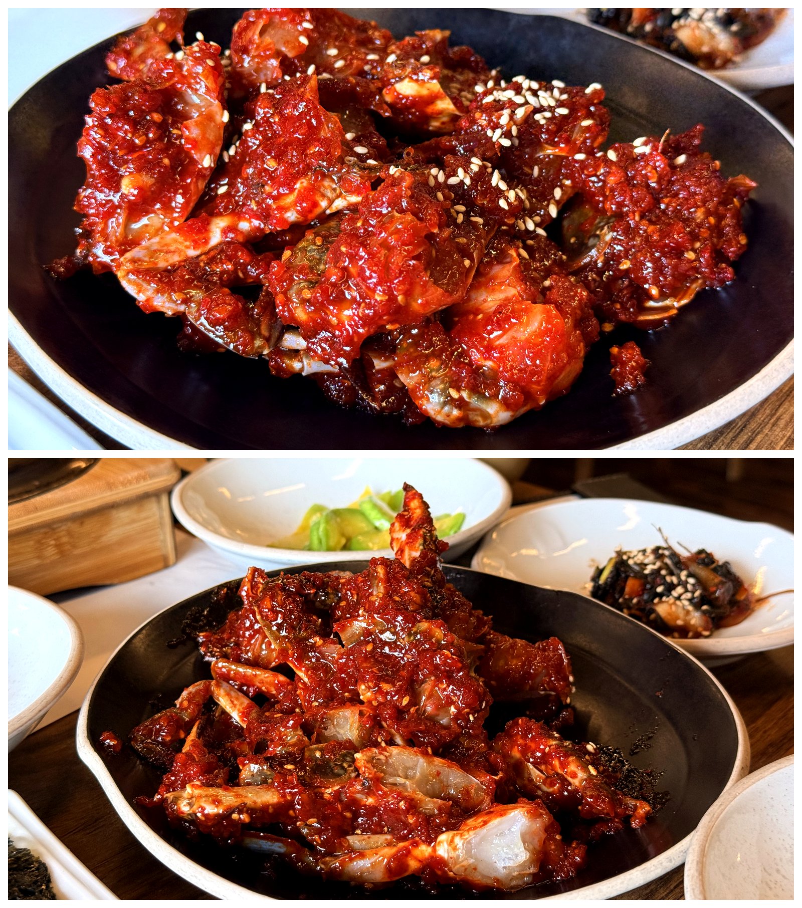 Haenuri Dongsan Deulbap 서해꽃게장 (spicy marinated West Sea blue crab) - pieces of raw blue crab coated in a glossy deep-red gochugaru-and-garlic marinade with sesame seeds, shown plated and in a close-up with translucent raw crab meat visible under the spicy sauce