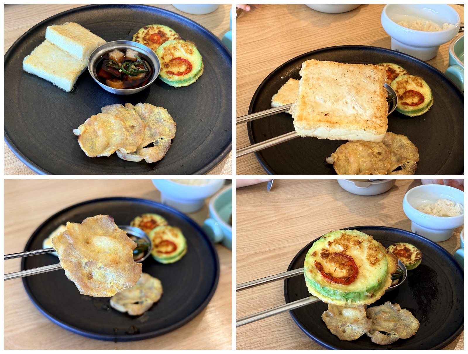 A four-photo collage of Ondang's jeon appetizer - a plate with pan-fried tofu, zucchini jeon and meat jeon with soy dipping sauce, and close-ups of a golden slab of pan-fried tofu, a piece of savory meat jeon, and a round zucchini jeon held in chopsticks