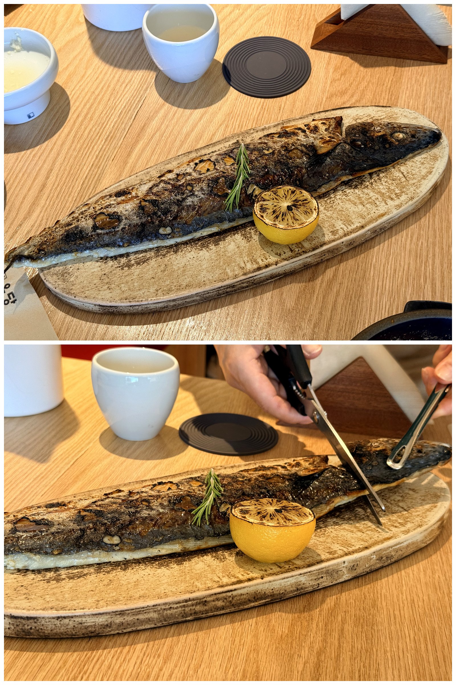 Two photos of Ondang's grilled samchi (Spanish mackerel) - a whole crisp-skinned grilled mackerel on a long stoneware plate with a charred lemon half and rosemary, and a server cutting the grilled fish tableside with kitchen scissors