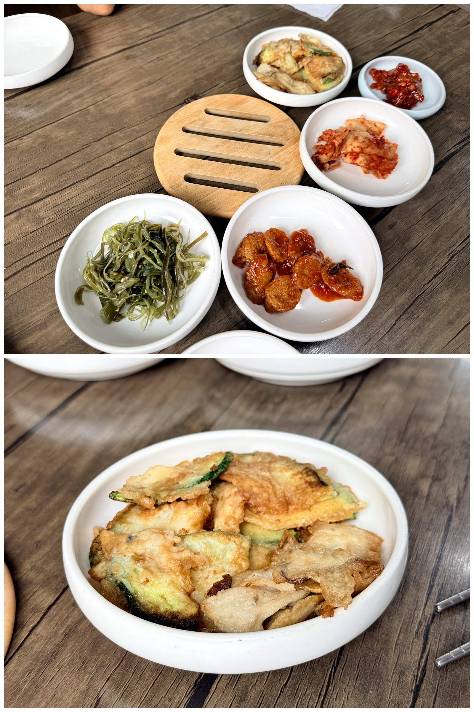 Samgeori Sikdang banchan - a spread of small side dishes including seasoned seaweed stems, kimchi, sweet-spicy fish, and a bowl of crispy fried zucchini-and-fish jeon, at a local Jeju restaurant